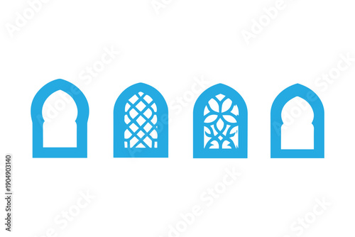 Golden islamic arches and window frames . Arabic golden frames. Luxury islamic geometric windows and doors, oriental mosque architecture.