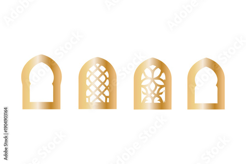 Golden islamic arches and window frames . Arabic golden frames. Luxury islamic geometric windows and doors, oriental mosque architecture.