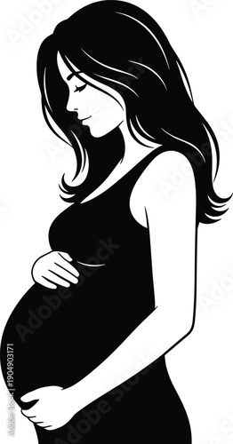Elegant black and white vector illustration of a pregnant woman silhouette holding her belly representing maternity motherhood expectation and new life on Mothers Day.