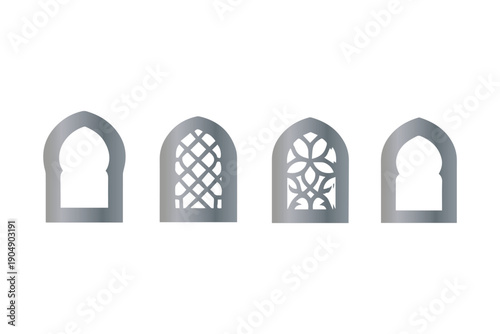 Golden islamic arches and window frames . Arabic golden frames. Luxury islamic geometric windows and doors, oriental mosque architecture.