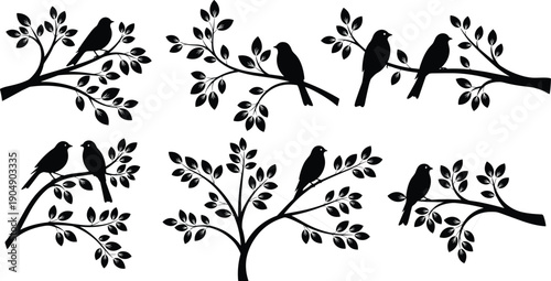 Birds on tree branch silhouette collection featuring perched songbirds and leafy branches in black vector style representing nature, wildlife, and decorative design isolated on white background