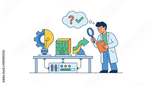 Scientist Examining Experiment in Laboratory Setting with Thought Bubble