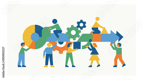 People Working Together Moving Arrow and Gears