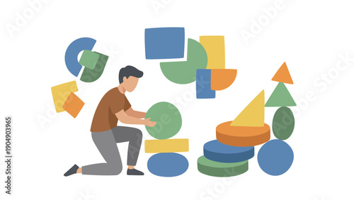 Man Building with Colorful Geometric Shapes on White Background