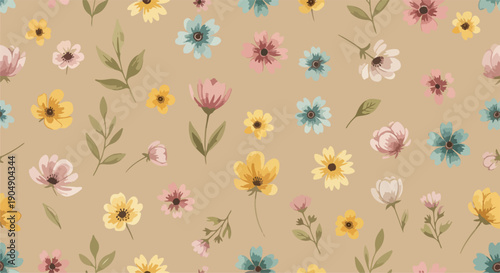 Seamless pattern with pastel wildflowers and soft feminine style