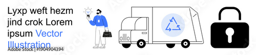 Sustainable delivery, security, eco-friendly shipping, data protection, logistics, transparency. Person holding a lightbulb, truck with recycling logo padlock illustration. Sustainable delivery