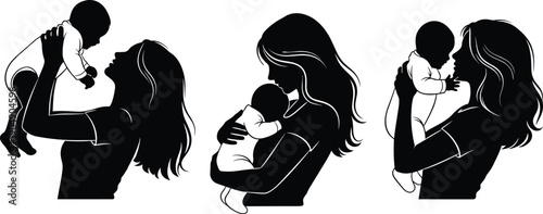 Set of black and white silhouettes showing a mother lifting and cradling her baby with love and affection for Mothers Day card designs