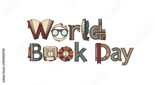 Vibrant World Book Day celebration with creative typography and book illustrations