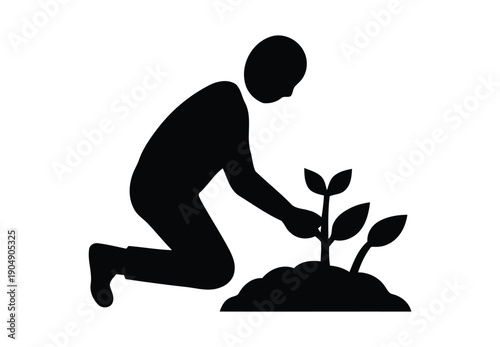 Black vector icon of person kneeling and planting a small seedling in soil, isolated on white