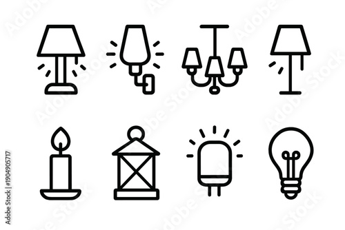 Lighting silhouette icon set. featuring lamp, wall lamp, chandelier, floor lamp, candle, lantern, and bulb