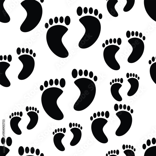 Minimalist seamless pattern featuring many white bare human footprints repeating across a solid dark gray or black background design