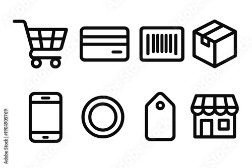 E-commerce silhouette icon set. featuring cart, credit card, barcode, box, smartphone, coin, tag, and store symbols