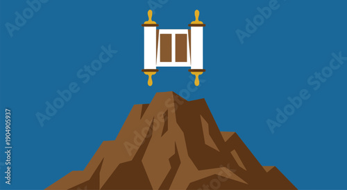 Holy Torah scroll representing law of God floating above brown Mount Sinai peak for Jewish religious holiday Shavuot and Simchat Torah celebration concept design.