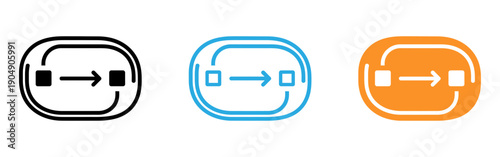 Headphones with right pointing arrow icons in black blue and orange