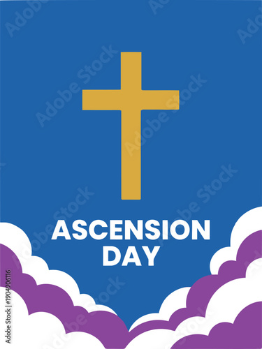Ascension Day greeting card design with golden cross symbol rising above white and purple clouds into blue sky for Christian religious holiday celebration concept.