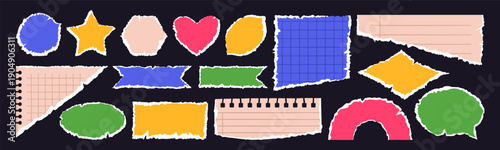 Torn and ripped paper sheets. Notebook page and sticky notes with scrap edge, cracked paper pieces flat vector illustration set. Damaged paper strips and stickers fragments