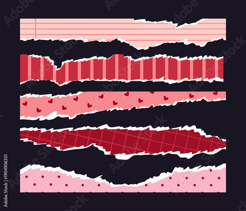 Romantic pattern cracked paper pieces. Valentines day paper sheets, torn and ripped notebook page or sticky notes with scrap edge flat vector illustration set. Cute paper strips fragments