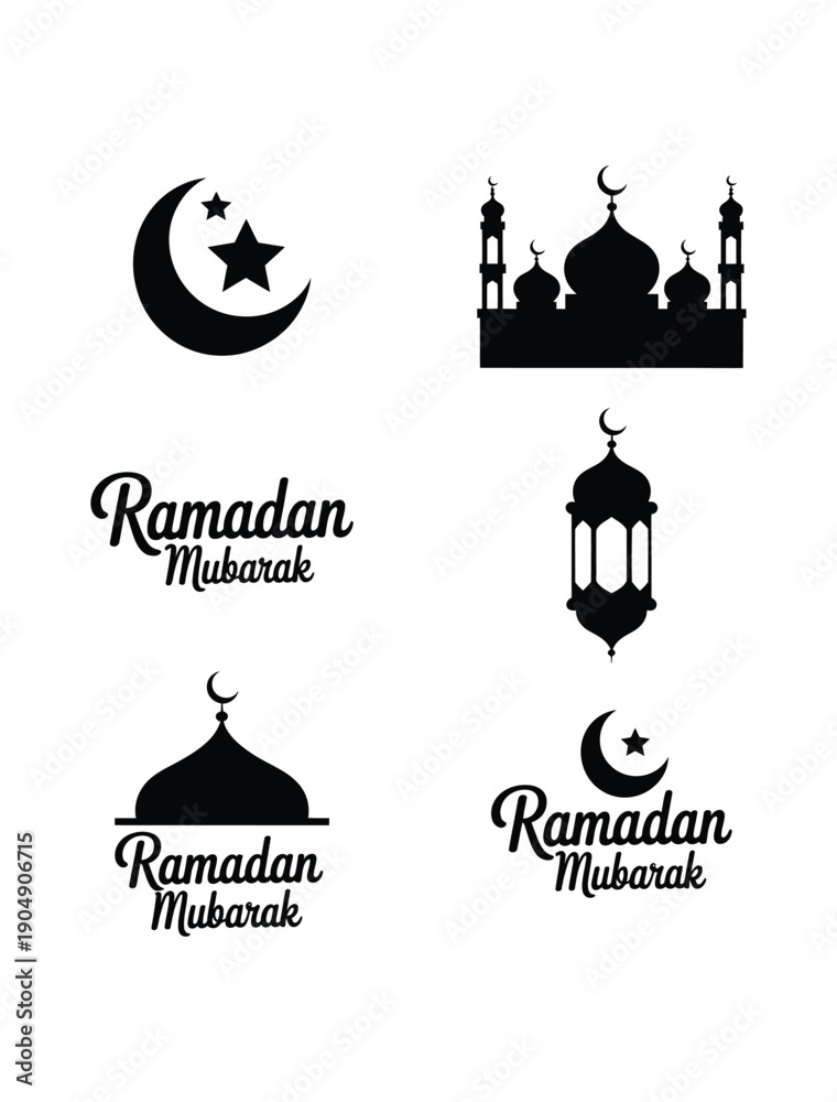 Obraz premium Ramadan Mubarak vector icons set with crescent moon, star, mosque silhouette, and lantern, black on white background
