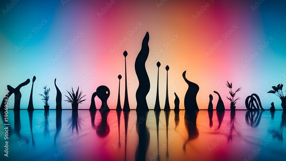 Fototapeta premium Vibrant sunset silhouette of aquatic plants reflected in calm water