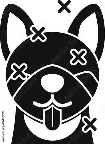 Bulldog dog character with x eyes showing sickness or dizzy feeling