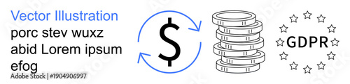 Data security, financial compliance, GDPR regulations, online transactions, secure payments, privacy policy. Dollar sign with arrows, coins GDPR emblem with stars. Financial compliance and GDPR