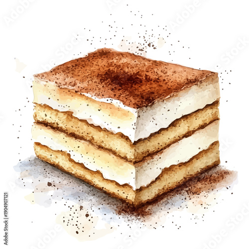 Tiramisu, cute watercolor illustration with intricate patterns and vibrant splashes, isolated on a white background.