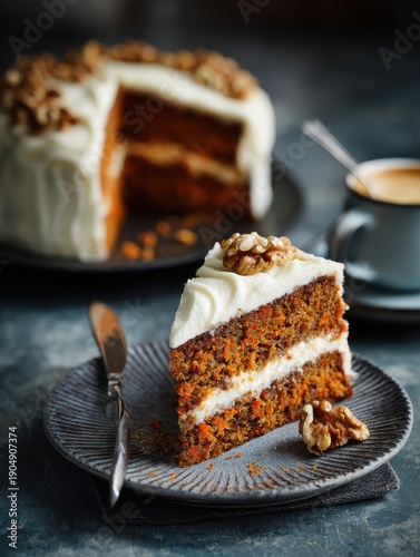 Carrot cake slice with cream cheese frosting and walnut, professional food photography