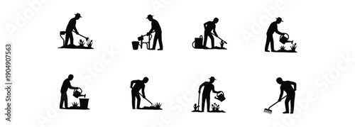 Gardening activities vector icon set. Man planting, watering, digging, and weeding plants. Black silhouette illustration isolated on white.