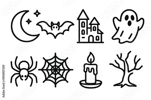 Halloween silhouette icon set. featuring moon, bat, haunted castle, ghost, spider, web, candle, tree