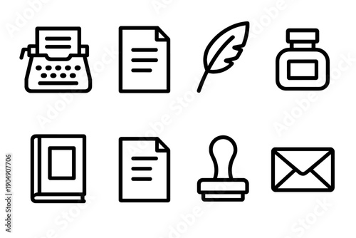 Writing tools linear icon set. featuring typewriter, document, quill, ink, book, stamp, and envelope symbols