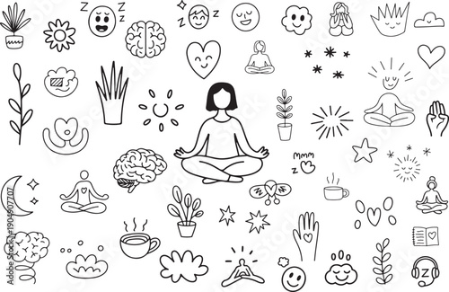 Mental Health Self Care Hand Drawn Doodle Set – Mindfulness, Therapy, Meditation & Wellness Line Vector Icons