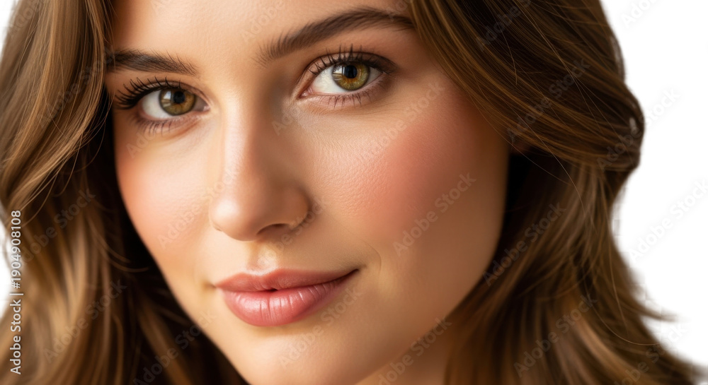 Fototapeta premium A beautiful woman with long brown hair and green eyes smiling softly on transparent background