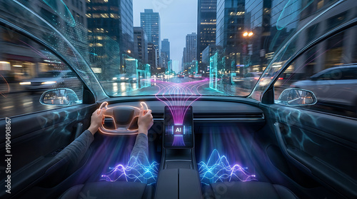 The interior of a modern car with glowing artificial intelligence lines on the dashboard and seats while driving through a city at dusk  technology and transportation concept transparent background