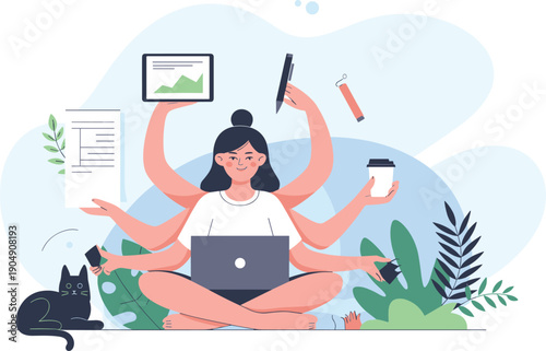 Multitasking freelancer woman working remotely with laptop, managing tasks and productivity, work life balance concept, digital workspace, time management, modern flat vector illustration on white 