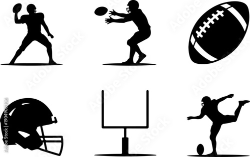 American Football Player Silhouette Action Set Vector