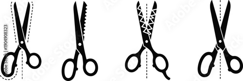 Set of black silhouette scissors icons cutting line craft sewing barber hair salon tool vector illustration collection design.