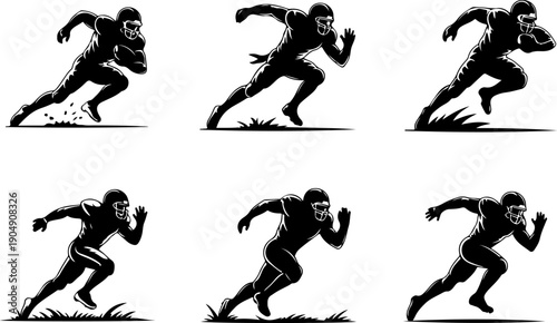 American Football Player Silhouette Action Set Vector