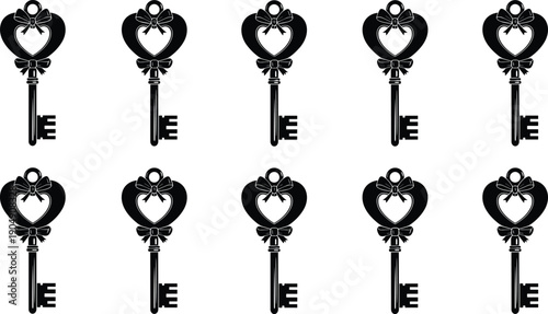 Set of decorative vintage heart shaped key silhouettes with bow ribbon ornamental vector illustration design for love romance wedding theme.