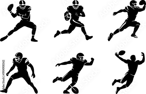 American Football Player Silhouette Action Set Vector