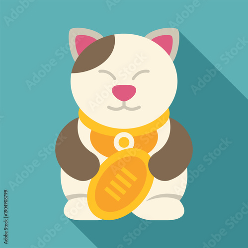Maneki neko figurine holding a gold coin, symbolizing good luck in a flat design style