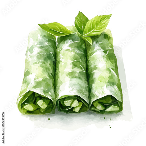 Spring Rolls, playful watercolor vector depicting lively antics and expressive gestures, isolated on a white background.