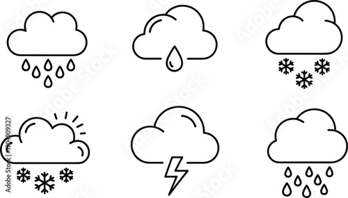 Weather outline icon set showing cloud rain snow thunder and sunny forecast symbols simple line art vector illustration collection.