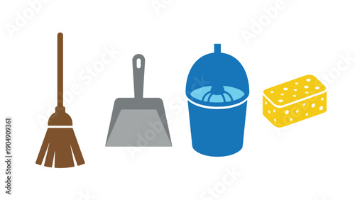 Household Cleaning Tool and Equipment Icon Set, Broom Dustpan Mop Bucket Sponge Collection