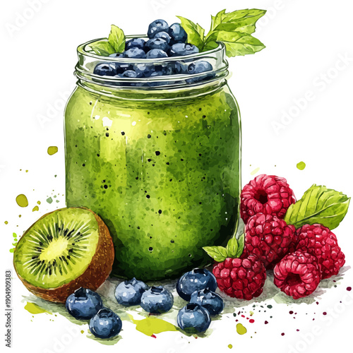 Smoothie, colorful watercolor painting with bold outlines, isolated on a white background.
