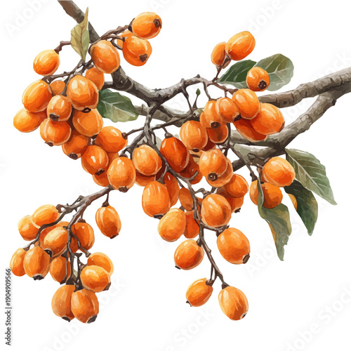 Sea Buckthorn, cute watercolor illustration with intricate patterns and vibrant splashes, isolated on a white background.