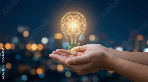 Hands holding glowing lightbulb with brain icon over blurred city lights representing creative ideas, innovation, and smart technology