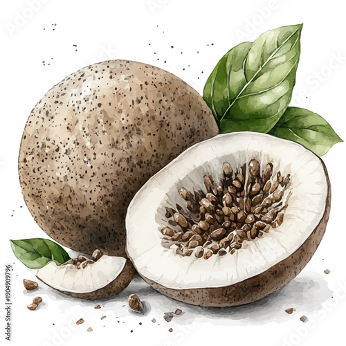 Sapodilla, playful watercolor vector depicting lively antics and expressive gestures, isolated on a white background.
