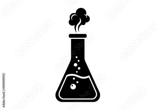 Very simple black and white icon of a perfect laboratory erlenmeyer flask with bubbling liquid and smoke coming out simple vector graphic