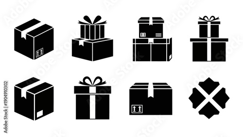 Black Silhouette Packaging Shipping and Gift Box Vector Icons Set EPS10 Stock.eps