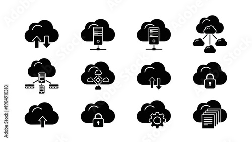 Black Glyph Cloud Computing Icons Data Network and Security EPS10 Stock.eps